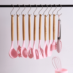 12pc Non Stick Silicone Utensils Set w/ Wooden Handles for Cooking & Storage