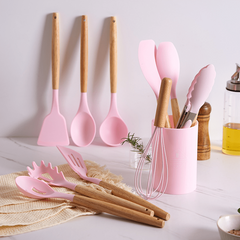 12pc Non Stick Silicone Utensils Set w/ Wooden Handles for Cooking & Storage