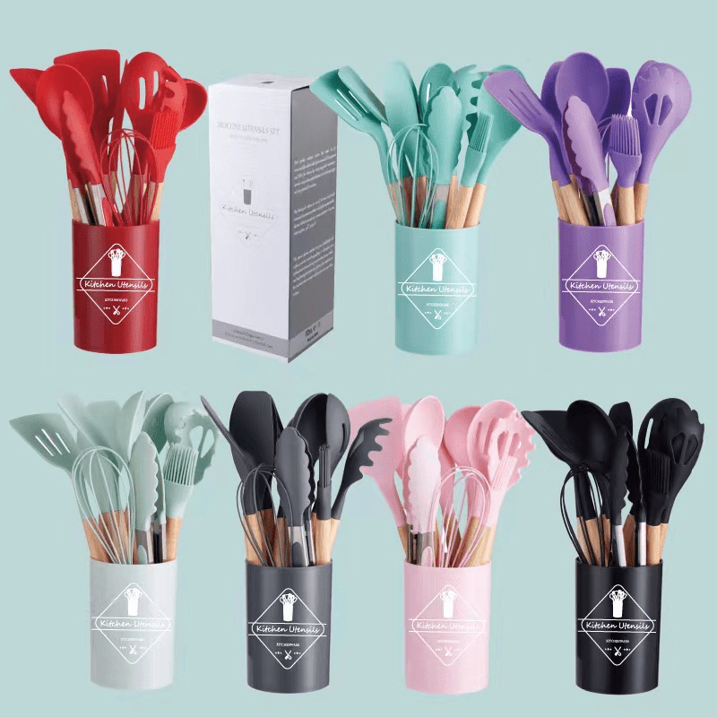 12pc Non Stick Silicone Utensils Set w/ Wooden Handles for Cooking & Storage
