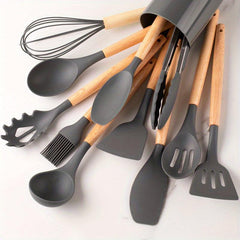 12pcs Silicone Utensil Set Khaki Kitchen Utensil Set Wooden Handle