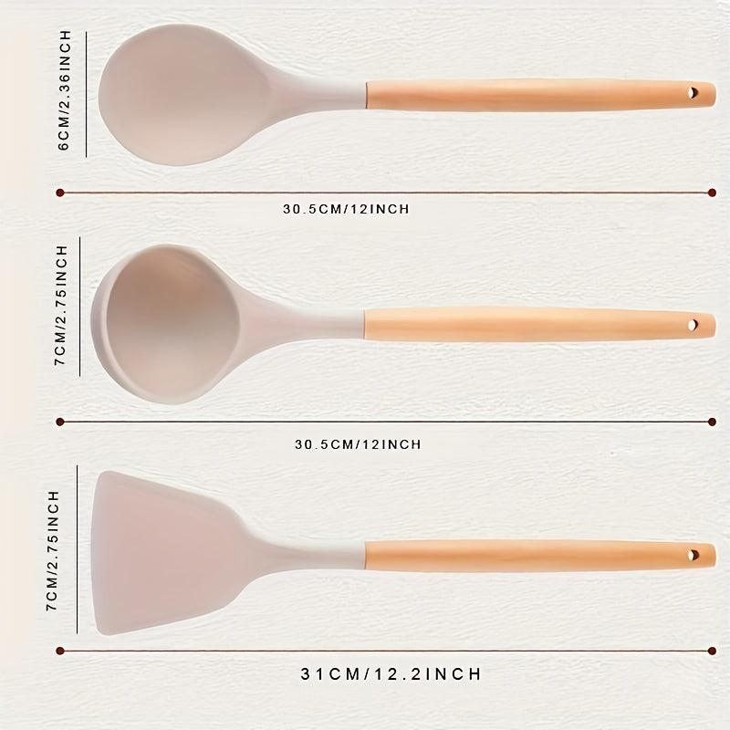 12pcs Silicone Utensil Set Khaki Kitchen Utensil Set Wooden Handle