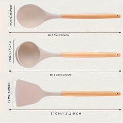 12pcs Silicone Utensil Set Khaki Kitchen Utensil Set Wooden Handle