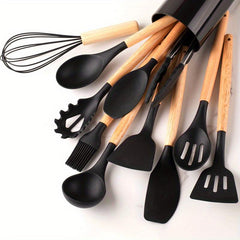 12pcs Silicone Utensil Set Khaki Kitchen Utensil Set Wooden Handle