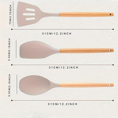 12pcs Silicone Utensil Set Khaki Kitchen Utensil Set Wooden Handle