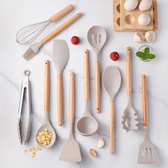 12pcs Silicone Utensil Set Khaki Kitchen Utensil Set Wooden Handle