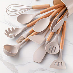 12pcs Silicone Utensil Set Khaki Kitchen Utensil Set Wooden Handle