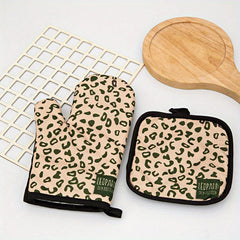 2pcs Leopard Pattern Oven Mitt and Potholder Set, Non Slip, Durable