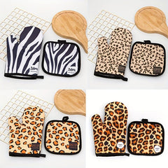 2pcs Leopard Pattern Oven Mitt and Potholder Set, Non Slip, Durable