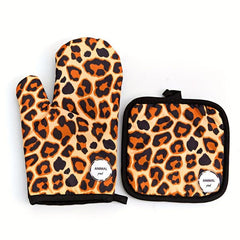 2pcs Leopard Pattern Oven Mitt and Potholder Set, Non Slip, Durable