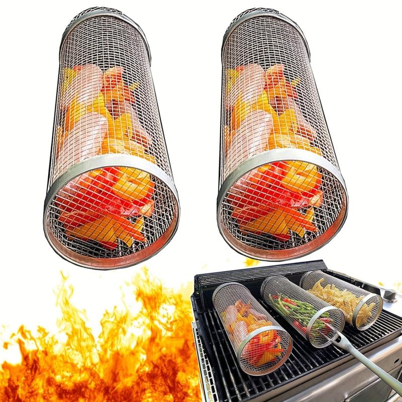 2pcs BBQ Rolling Grill Basket Stainless Steel Grilled Cage Round BBQ Grill Mesh