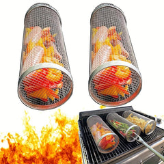 2pcs BBQ Rolling Grill Basket Stainless Steel Grilled Cage Round BBQ Grill Mesh