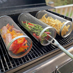 2pcs BBQ Rolling Grill Basket Stainless Steel Grilled Cage Round BBQ Grill Mesh