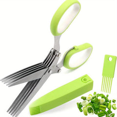 Stainless Steel Kitchen Scissors Herb Scissors 5 Blades Cutter Brush Green Onion