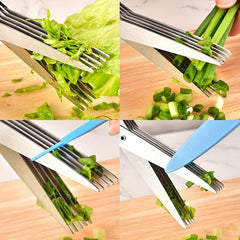 Stainless Steel Kitchen Scissors Herb Scissors 5 Blades Cutter Brush Green Onion