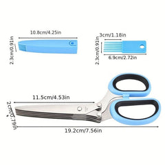 Stainless Steel Kitchen Scissors Herb Scissors 5 Blades Cutter Brush Green Onion