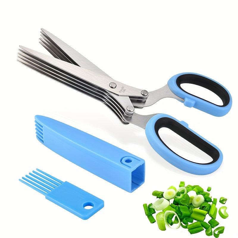 Stainless Steel Kitchen Scissors Herb Scissors 5 Blades Cutter Brush Green Onion
