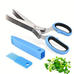 Stainless Steel Kitchen Scissors Herb Scissors 5 Blades Cutter Brush Green Onion