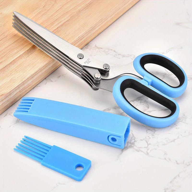 Stainless Steel Kitchen Scissors Herb Scissors 5 Blades Cutter Brush Green Onion