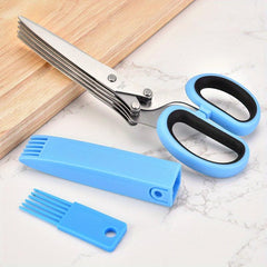 Stainless Steel Kitchen Scissors Herb Scissors 5 Blades Cutter Brush Green Onion