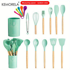 Silicone Utensil Set Non Stick Cooking Utensils with Wooden Handle