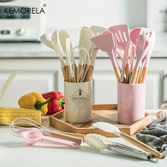 Silicone Utensil Set Non Stick Cooking Utensils with Wooden Handle