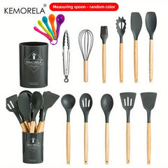 Silicone Utensil Set Non Stick Cooking Utensils with Wooden Handle