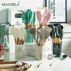 Silicone Utensil Set Non Stick Cooking Utensils with Wooden Handle