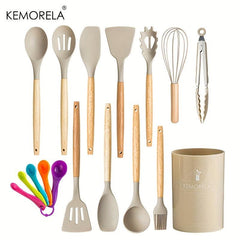 Silicone Utensil Set Non Stick Cooking Utensils with Wooden Handle