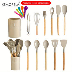 Silicone Utensil Set Non Stick Cooking Utensils with Wooden Handle