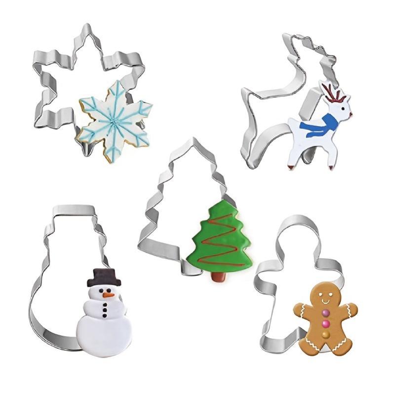 5pcs Christmas Cookie Molds Stainless Steel Cutters Xmas Tree Snowflake Snowman