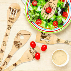 5pcs Non Stick Bee Theme Wooden Spoons and Spatula Set for Cooking and Baking