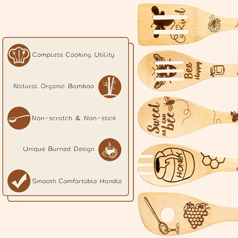 5pcs Non Stick Bee Theme Wooden Spoons and Spatula Set for Cooking and Baking