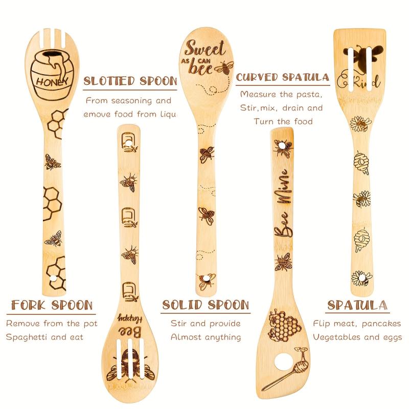 5pcs Non Stick Bee Theme Wooden Spoons and Spatula Set for Cooking and Baking