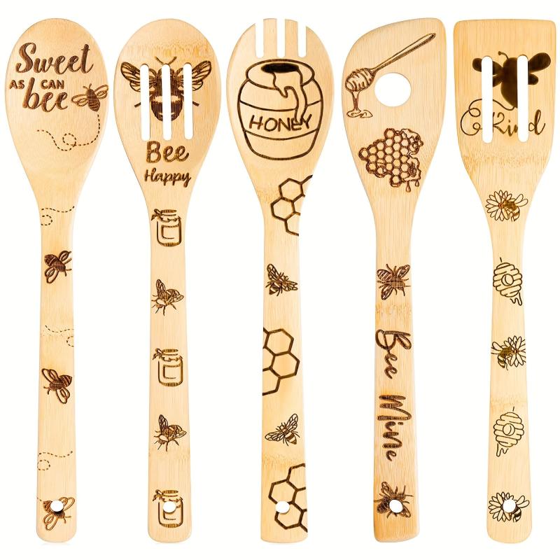 5pcs Non Stick Bee Theme Wooden Spoons and Spatula Set for Cooking and Baking