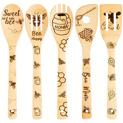 5pcs Non Stick Bee Theme Wooden Spoons and Spatula Set for Cooking and Baking