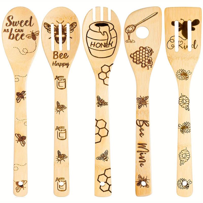 5pcs Non Stick Bee Theme Wooden Spoons and Spatula Set for Cooking and Baking