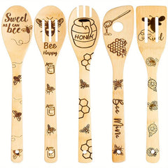 5pcs Non Stick Bee Theme Wooden Spoons and Spatula Set for Cooking and Baking