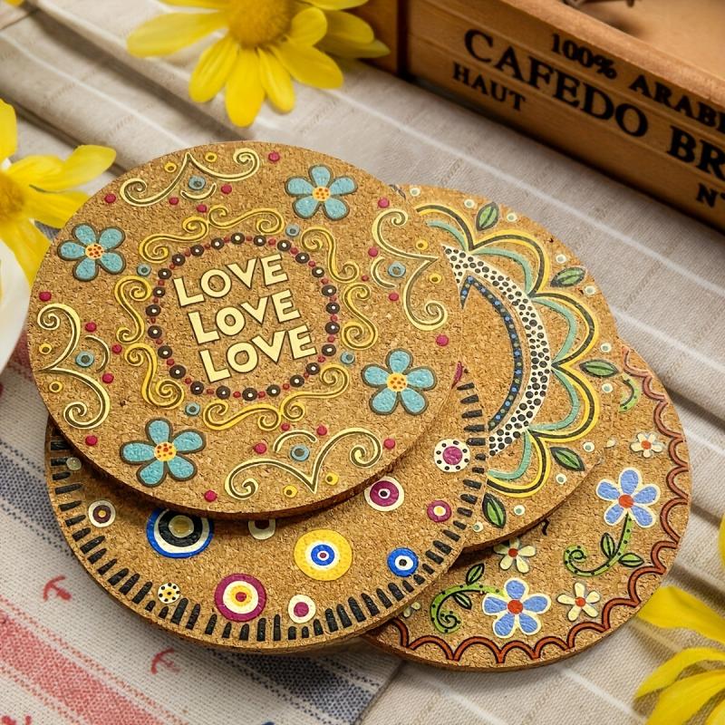 4pcs Flower Printed Cork Coasters Colorful Round Trivet Mat