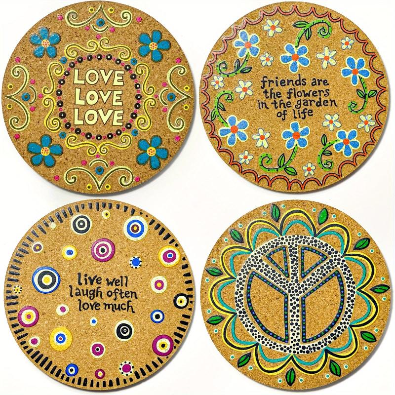 4pcs Flower Printed Cork Coasters Colorful Round Trivet Mat