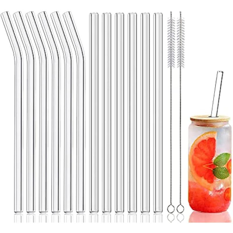 12 Pack Reusable Glass Drinking Straws with Cleaning Brushes