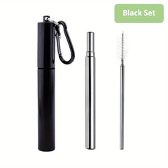 Reusable Metal Straws with Cleaning Brush and Carabiner Hook - Rose