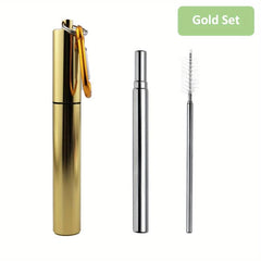 Reusable Metal Straws with Cleaning Brush and Carabiner Hook - Rose