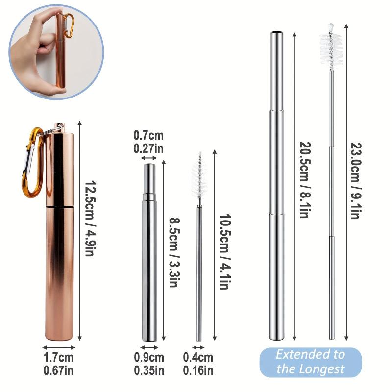 Reusable Metal Straws with Cleaning Brush and Carabiner Hook - Rose