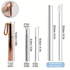 Reusable Metal Straws with Cleaning Brush and Carabiner Hook - Rose