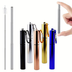 Reusable Metal Straws with Cleaning Brush and Carabiner Hook - Rose