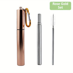 Reusable Metal Straws with Cleaning Brush and Carabiner Hook - Rose
