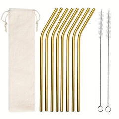 8pcs Stainless Steel Straws Set with Cleaning Brushes and Bag