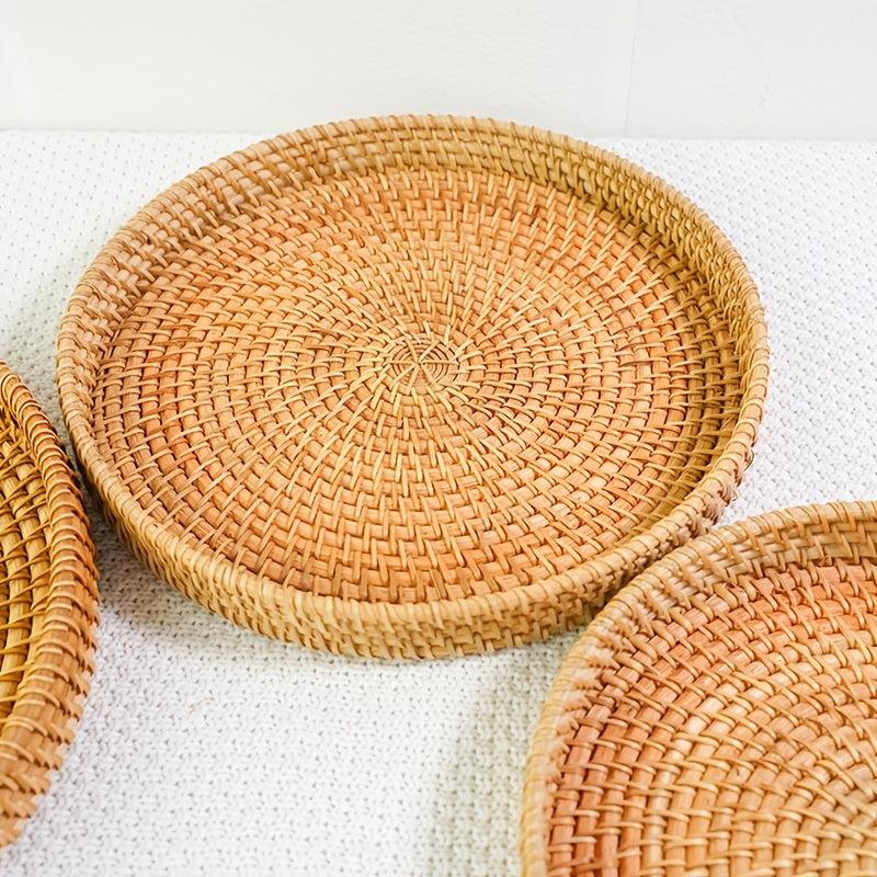 Hand-woven Rattan Cheese Plate Fruit Basket Sapele Wood Breakfast Platter