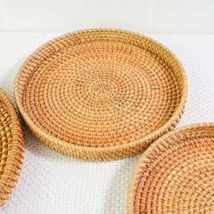 Hand-woven Rattan Cheese Plate Fruit Basket Sapele Wood Breakfast Platter