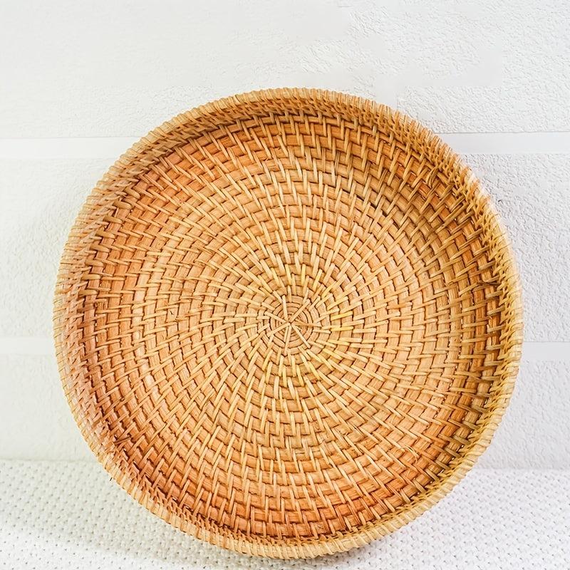 Hand-woven Rattan Cheese Plate Fruit Basket Sapele Wood Breakfast Platter